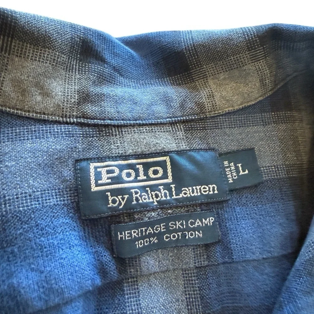 Polo Ralph Lauren HERITAGE SKI CAMP Shirt Men's L Blue Gray Plaid Button Front